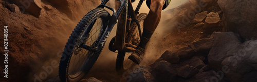 A stunning foto of a adult and Mongolian man riding his bicycle on a rocky mountain, a frontside portrait of a guy racing his mountain-bike on a hillside full of rocks at sunset photo