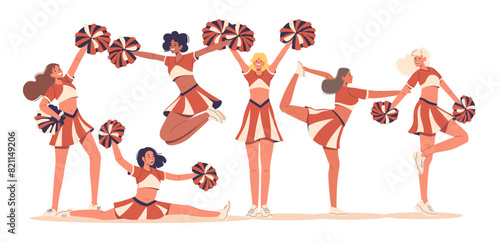 Energetic And Diverse Female Cheerleaders Performing At Sports Event. Vector Image Depicts Girls In Dynamic Poses