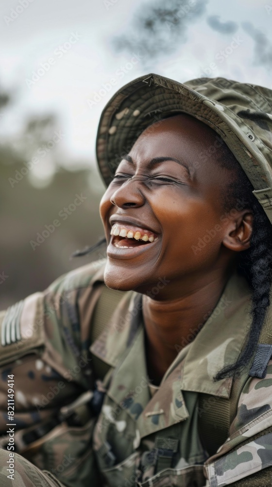 A woman in a military uniform is smiling and laughing A woman in a military uniform is smiling and laughing