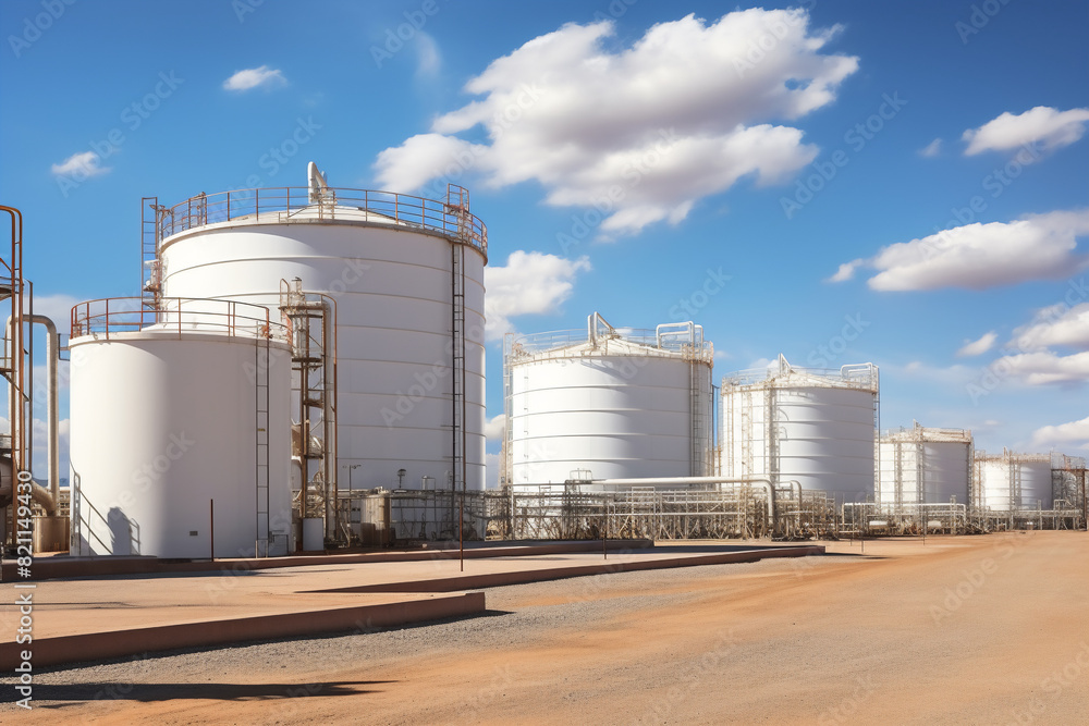 Close up of oil and gas terminal storage tanks of industrial plant or industrial refinery factor with a cloudy sky at midday or noon; in the desert the future of energy Close up of oil and gas terminal storage tanks of industrial plant or industrial refinery factor with a cloudy sky at midday or noon; in the desert the future of energy