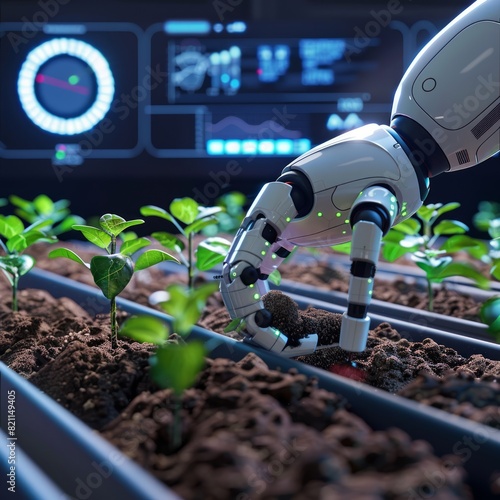 A robot is digging in the dirt next to a plant