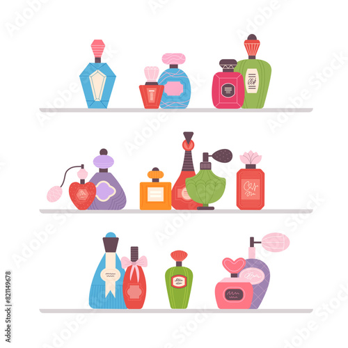 Cosmetic bottles shelves with luxury perfume cosmetics