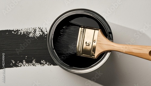 black paint can with stir stick and paintbrush with black stroke on resurface photo
