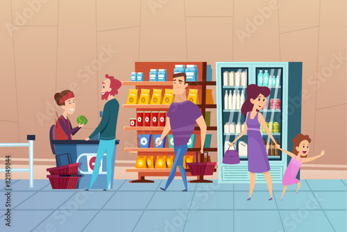 Grocery store people buying products in supermarket standing near product shelves