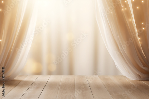 Empty wooden planks or tabletop in front of a blurred bokeh soft white blowing drapery curtain drapes and minimalist background a product display background or wallpaper concept with front-lighting