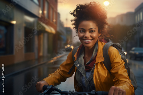 A beautiful adult of South-African hipster woman riding her bicycle to work, a frontside portrait of a woman commuting on a bicycle on a rainy day in an urban street at sunset © pangamedia
