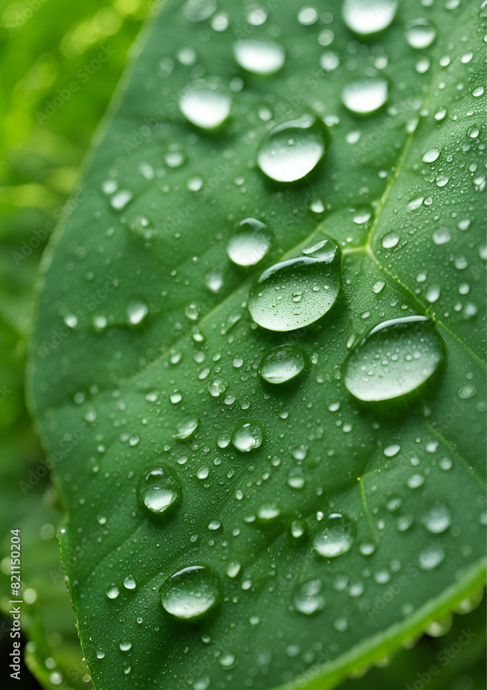 Close-up of a green leaf with perfectly formed dew drops Close-up of a green leaf with perfectly formed dew drops