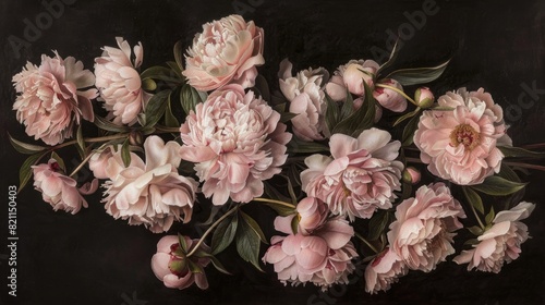 botanical art with a detailed painting featuring pink peonies and lush green leaves set against a dramatic black background, capturing the exquisite beauty of nature's bounty.