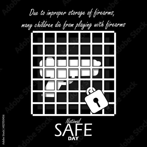 National SAFE Day event banner. Illustration of a firearm in a net iron cage with a padlock on black background to commemorate on June 4th