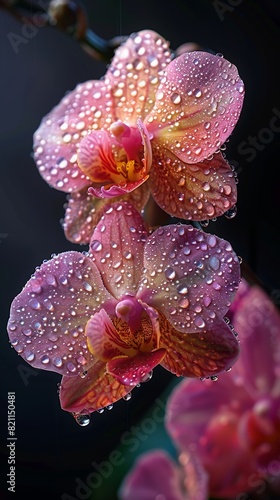 a fresh orchid flowers surrounded by raindrop, black background