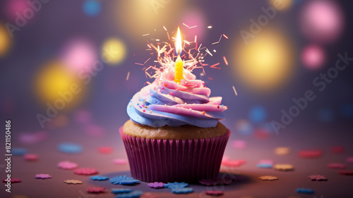 A birthday cupcake with sprinkles and colorful candles and a hearts of light on the background