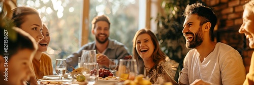 Cheerful people gathered around a table filled with food in a warm, convivial indoor setting photo