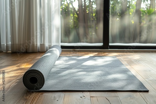 Unrolled grey yoga mat on floor in room photo