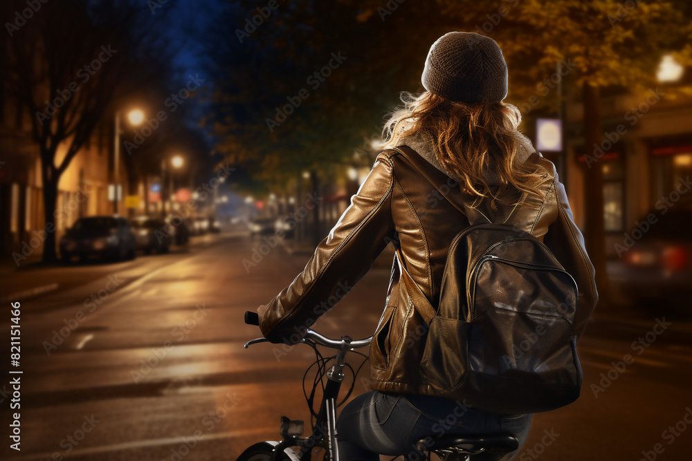 A beautiful adult of Latinformal woman riding her bicycle to work, a backside portrait of a woman commuting on a bicycle on a sunny day in an urban street at midnight