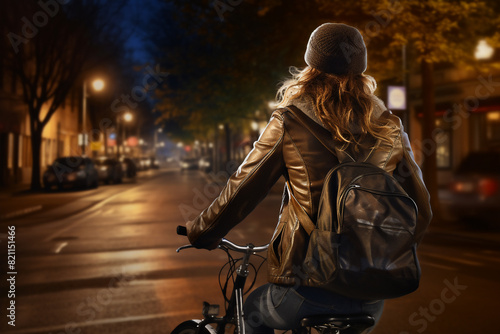 A beautiful adult of Latinformal woman riding her bicycle to work, a backside portrait of a woman commuting on a bicycle on a sunny day in an urban street at midnight