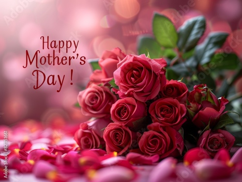 The overall style of the poster is light pink  with an abstract background of rose petals.  Happy Mother s Day  .