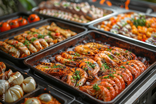 Full service station with assortment of grilled seafoods in trays.