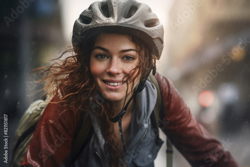 A beautiful young adult of Caucasian hipster woman riding her bicycle to work, a frontside portrait of a woman commuting on a bicycle on a rainy day in an urban street at mid-day
