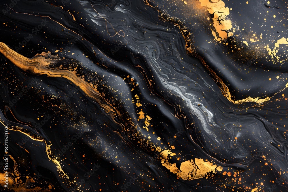 Close-up of elegant black and gold marble surface with shiny gold paint