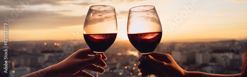 Two female hands toasting or clinking with red wine glasses on a city and minimalist background photo