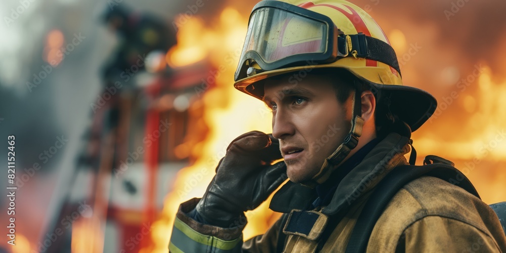 A serious firefighter talks on a radio with fire and rescue action in the background, showcasing bravery and urgency A serious firefighter talks on a radio with fire and rescue action in the background, showcasing bravery and urgency