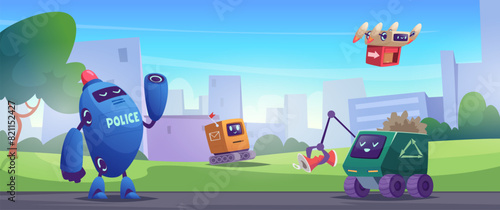 Robotic help. Smart computer assistants people help exact vector cartoon background illustration