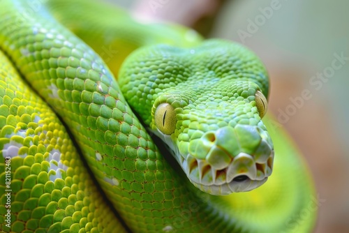 macro closeup of exotic pet green tree python  snake  at natural enclosure at home. Reptile exotic vet clinic poster.