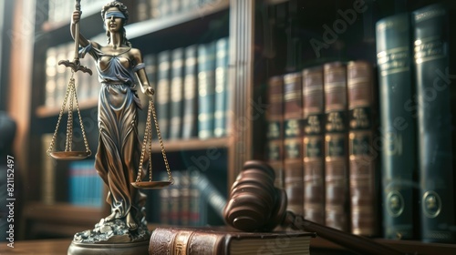 Judge's gavel, scales of justice, and law books on wooden desk in courtroom photo
