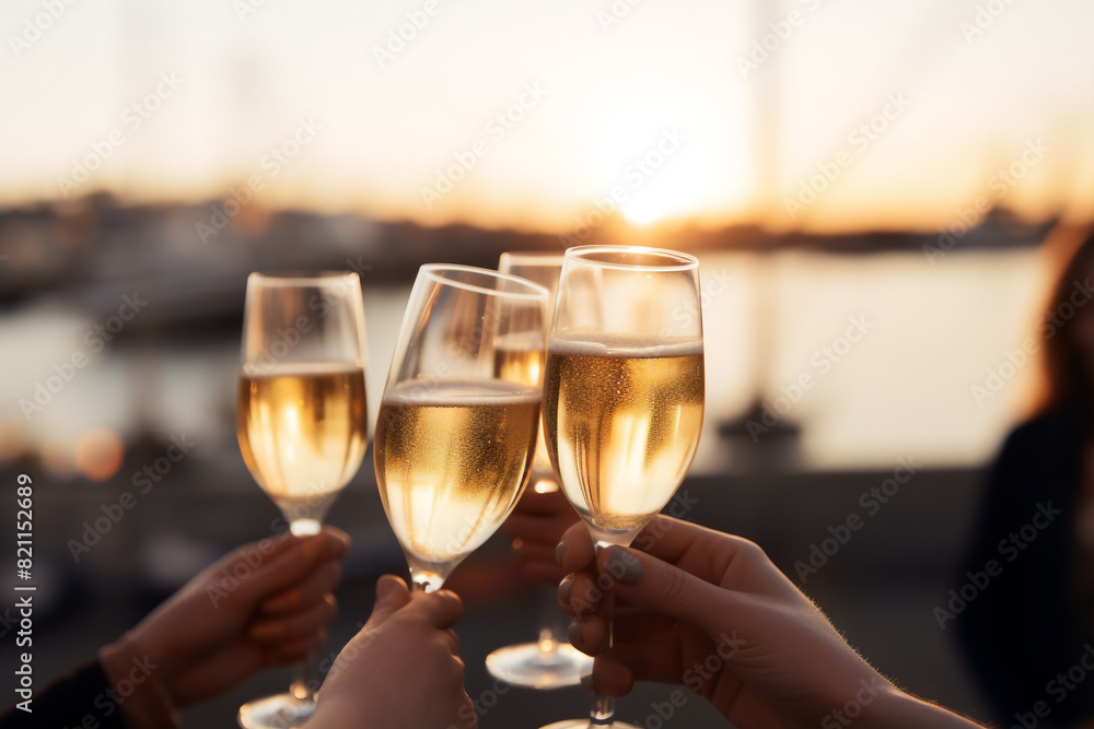 a group of friends caucasian hands toasting champagne glasses for new years eve with a beach background, a celebration or engagement concept