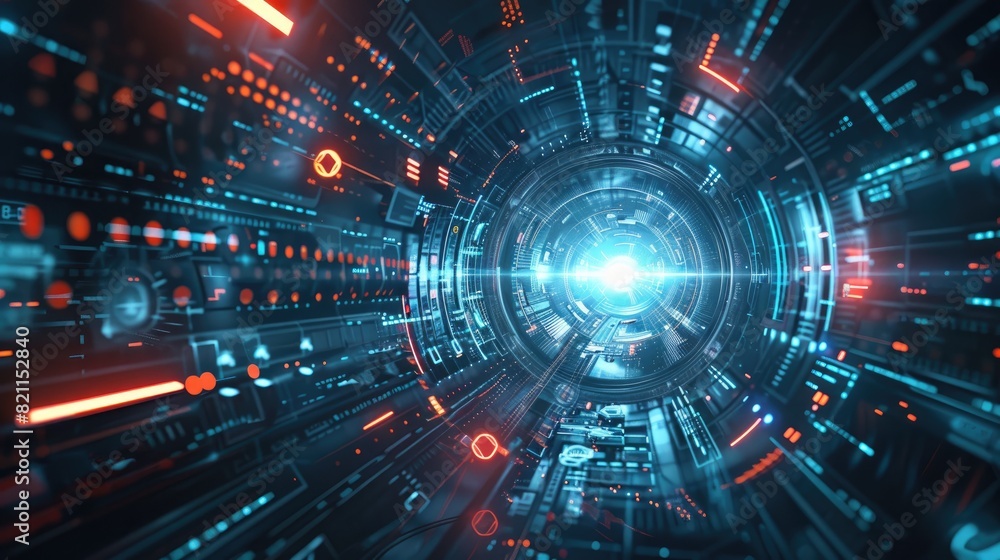Obraz premium Futuristic digital tunnel with vibrant neon lights illustrating advanced technology and cyberspace. Perfect for tech innovation concepts.