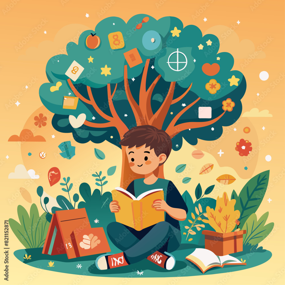 Child reading a book under a tree with educational elements. Flat illustration on a beige background. Education and learning concept. Design for posters, banners, print.