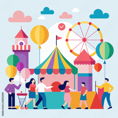 Colorful amusement park with people, ferris wheel, and balloons. Flat illustration on a light blue background. Fun and entertainment concept. Design for posters, banners, print