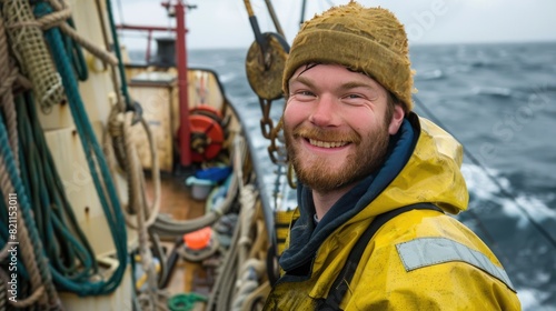 male fisherman in gear, smiling on a fishing boat, ocean in the background