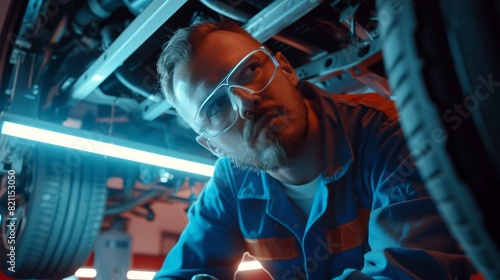 An attractive professional mechanic is repairing a car on a lift. The mechanic uses a LED lamp and a ratchet. The specialist is wearing safety glasses.