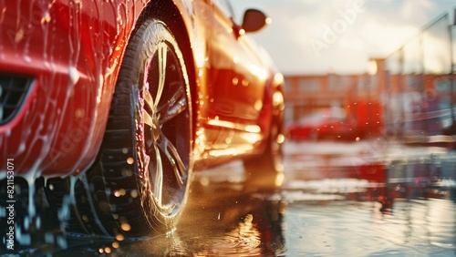 The man washes the car with high pressure water, closeup of wheel and car body. The concept is cleaning in a spacious outdoor washing area. Car detailing © CNISAK