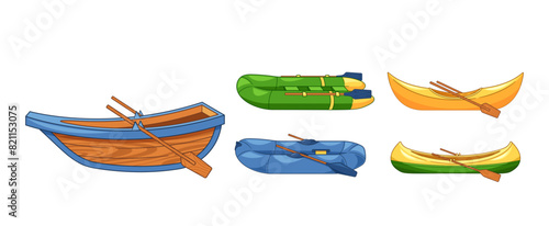 Collection Of Boats And Canoes. Wooden Rowboat And Inflatable Rafts For Outdoor Adventure, Travel And Water Sports