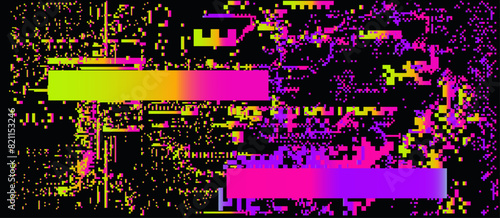 Dark background with distorted pattern of decaying neon pixels. Vector illustration in 8-bit glitch art style.