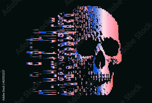 Holographic skull emerging out of glitch noise. A pixel illustration whitch tackles an issue of communication beetween technology and human body.