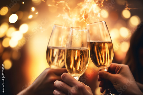 a group of friends caucasian hands toasting champagne glasses for valentine with a light and sparklers background  a celebration or engagement concept