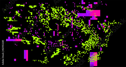 Dark background with distorted pattern of neon pixels. Vector illustration in 8-bit glitch art style.