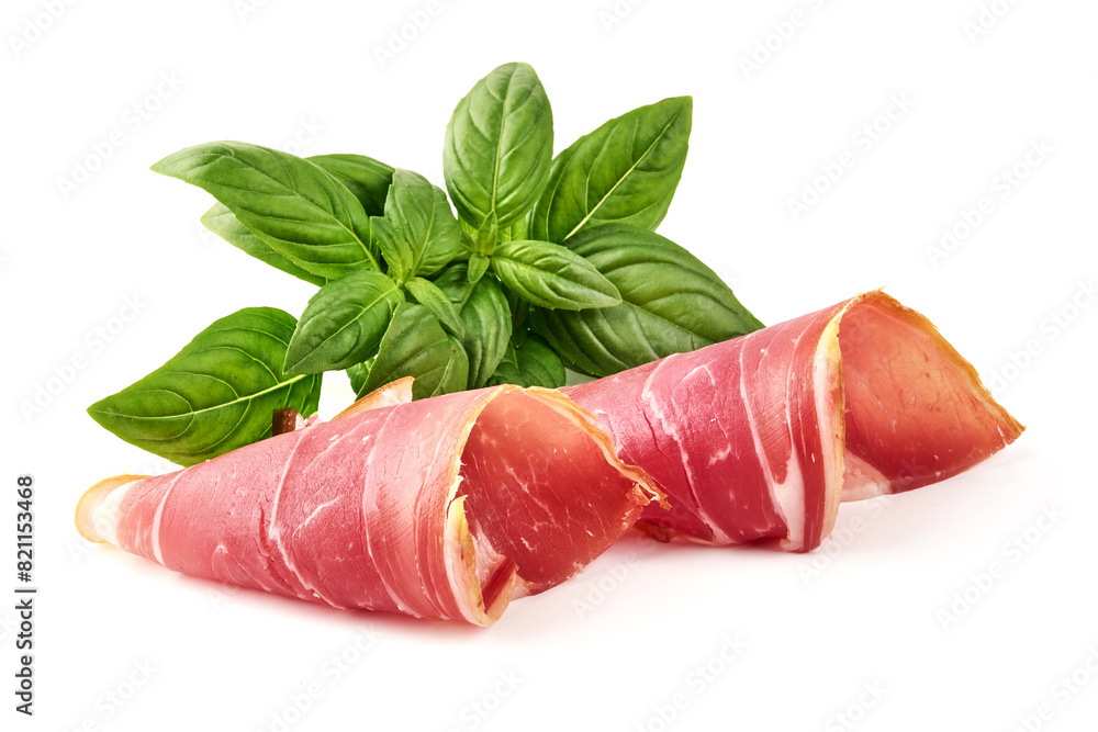 Spanish jamon iberico slices, serrano ham, isolated on white background Spanish jamon iberico slices, serrano ham, isolated on white background