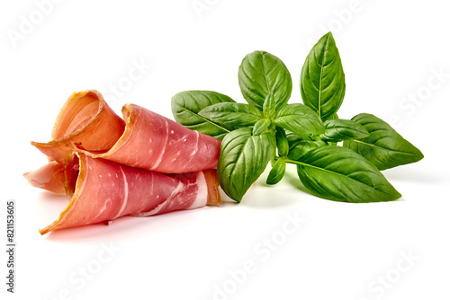 Spanish jamon iberico slices, serrano ham, isolated on white background