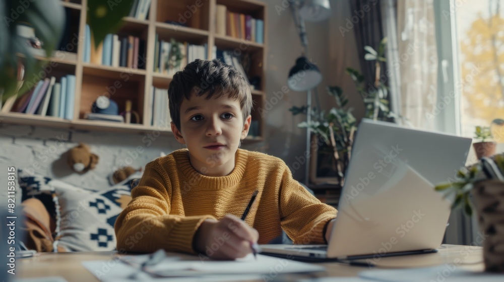 E-Education Distance Learning: Boy uses computer to video call his teacher. Display shows the teacher explaining the subject from a classroom, boy writes notes. E-Education Distance Learning: Boy uses computer to video call his teacher. Display shows the teacher explaining the subject from a classroom, boy writes notes.