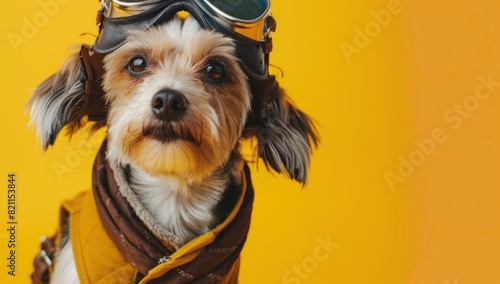 Adorable flying companion a dog in pilot's gear with puppy and puppy dog eyes text on yellow background photo