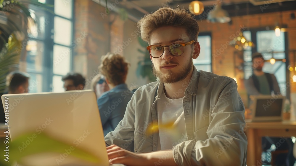 A handsome young man in glasses and shirt works on a laptop at a creative business agency. Some people work in the background. He is in a good mood. A handsome young man in glasses and shirt works on a laptop at a creative business agency. Some people work in the background. He is in a good mood.