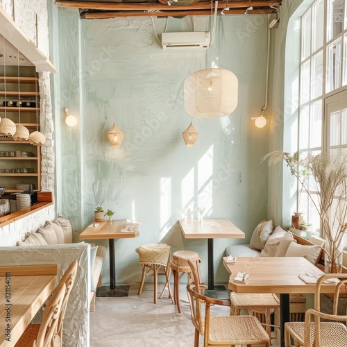 A restaurant with a white wall and wooden tables