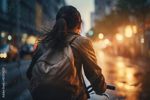 A beautiful adult of Asian hipster woman riding her bicycle to work, a backside portrait of a woman commuting on a bicycle on a rainy day in an urban street at sunset