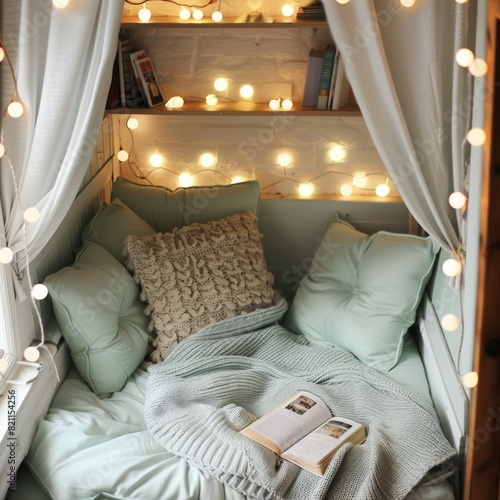 A cozy bedroom with a bed, pillows, and a blanket