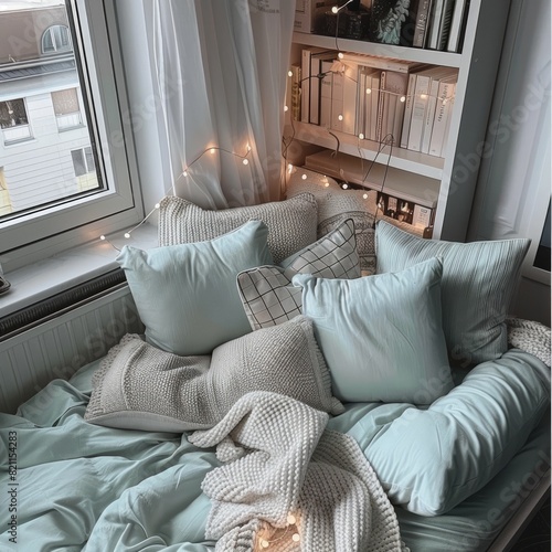 A bedroom with a bed covered in pillows and a blanket
