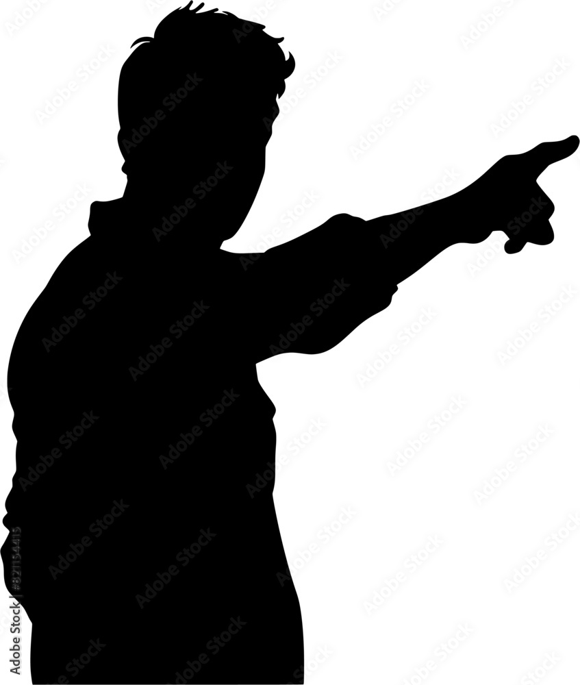 Silhouette of a person pointing on something black vector icon on transparent background.